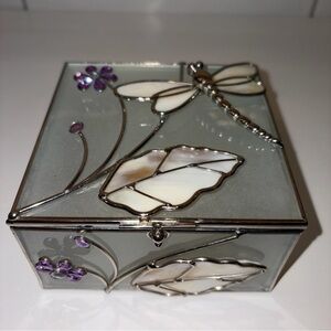 Intricate VTG Dragonfly Floral Stained Glass Trinket Box Gem Rhinestone Mirror